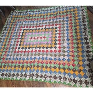 Vtg Trip Around the World Quilt Hand Sewn 78x68 Pastel Postage Stamp Flour Sack